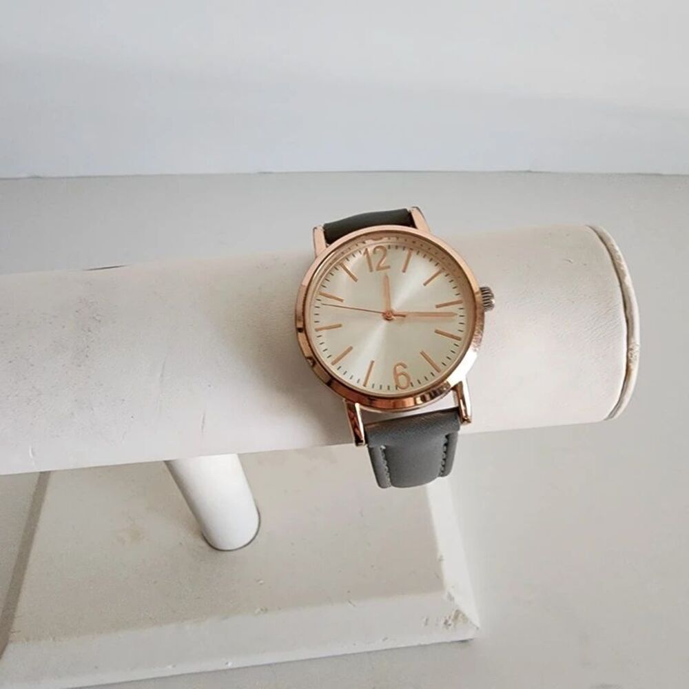 Analog Rose Gold Tone Gray Faux Leather Strap Watch